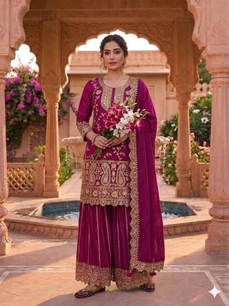 Modern Wine Party Wear Sharara Suit Set with Heavy Detailing Ready To Wear Suit
