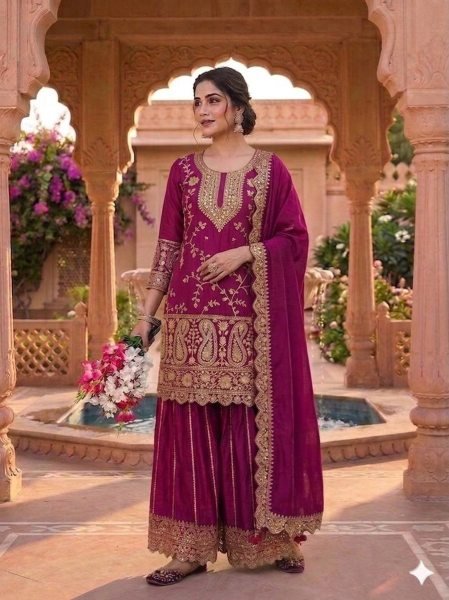 Modern Wine Party Wear Sharara Suit Set with Heavy Detailing Ready To Wear Collection
