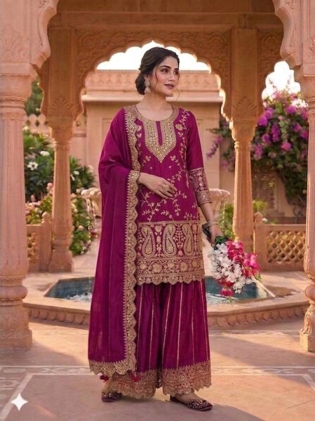 Modern Wine Party Wear Sharara Suit Set with Heavy Detailing Ready To Wear Collection