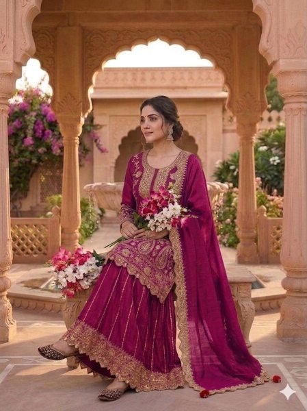 Modern Wine Party Wear Sharara Suit Set with Heavy Detailing Ready To Wear Collection