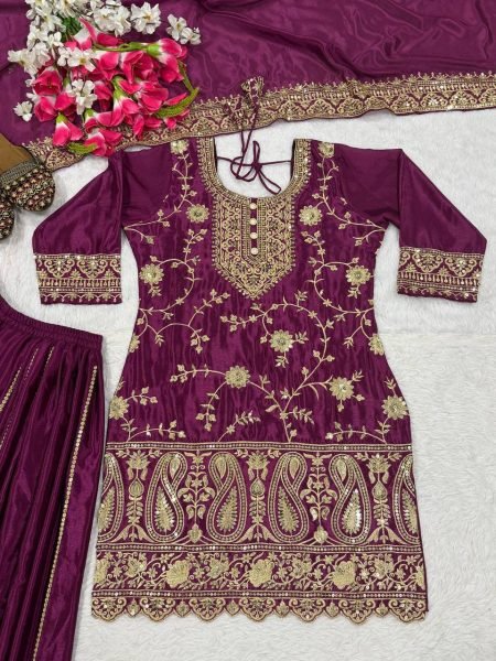 Modern Wine Party Wear Sharara Suit Set with Heavy Detailing Ready To Wear Collection