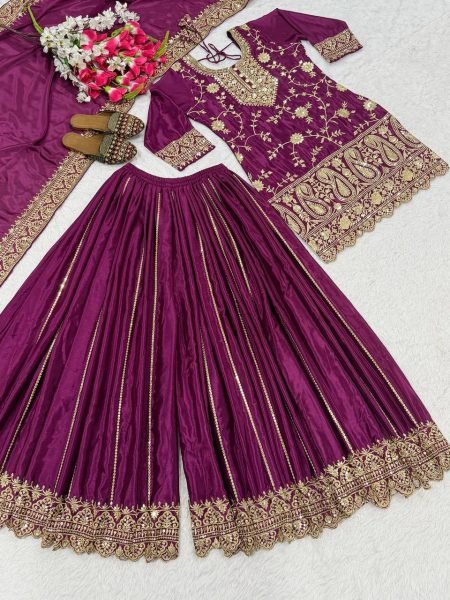 Modern Wine Party Wear Sharara Suit Set with Heavy Detailing Ready To Wear Collection