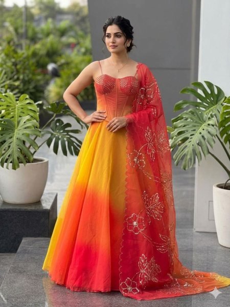 Modern Orange Corset Style Lehenga Choli with Organza Fabric for Party Wear  Lehenga
