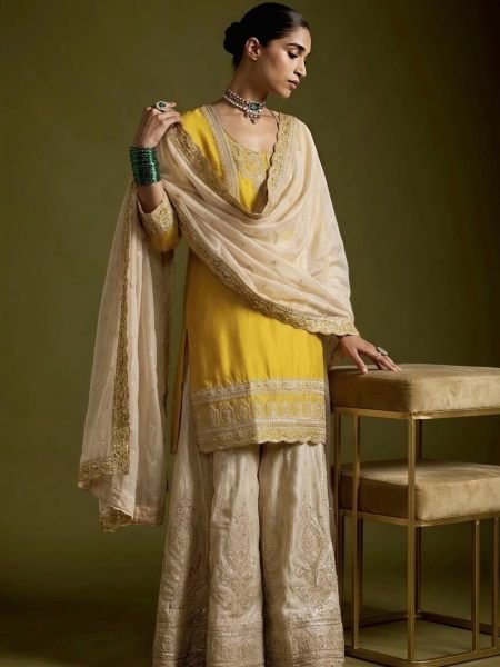 Modern Yellow Chinnon Silk 3 Piece Suit Set with Heavy Embroidery Work For Diwali Festival Ready To Wear Suit