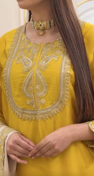 Modern Yellow Chinnon Silk 3 Piece Suit Set with Heavy Embroidery Work For Diwali Festival Ready To Wear Collection