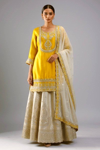 Modern Yellow Chinnon Silk 3 Piece Suit Set with Heavy Embroidery Work For Diwali Festival Ready To Wear Collection