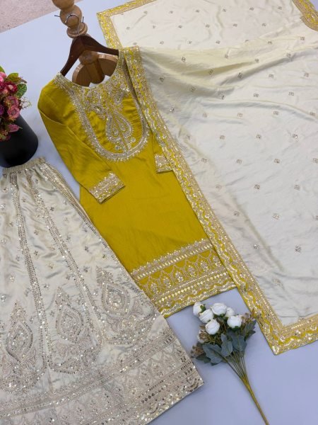 Modern Yellow Chinnon Silk 3 Piece Suit Set with Heavy Embroidery Work For Diwali Festival Ready To Wear Collection