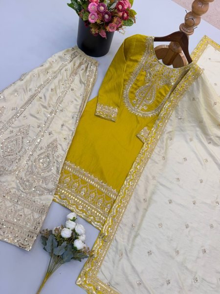Modern Yellow Chinnon Silk 3 Piece Suit Set with Heavy Embroidery Work For Diwali Festival Ready To Wear Collection
