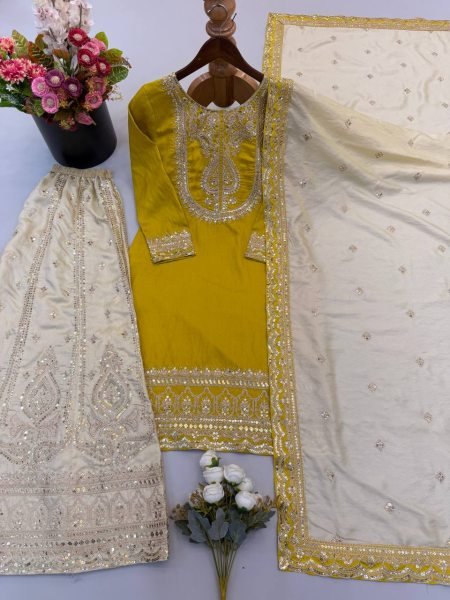 Modern Yellow Chinnon Silk 3 Piece Suit Set with Heavy Embroidery Work For Diwali Festival Ready To Wear Collection