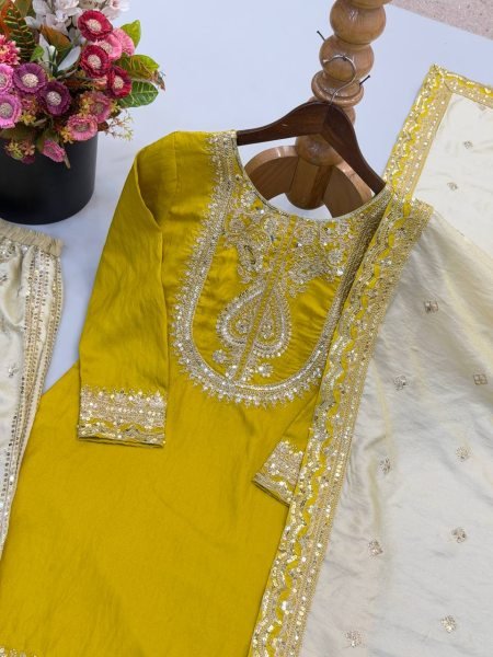 Modern Yellow Chinnon Silk 3 Piece Suit Set with Heavy Embroidery Work For Diwali Festival Ready To Wear Collection
