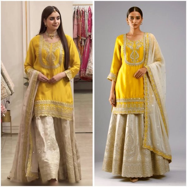 Modern Yellow Chinnon Silk 3 Piece Suit Set with Heavy Embroidery Work For Diwali Festival Ready To Wear Collection