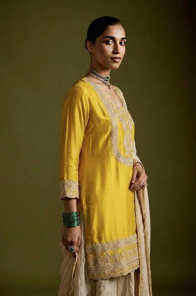 Modern Yellow Chinnon Silk 3 Piece Suit Set with Heavy Embroidery Work For Diwali Festival Ready To Wear Collection