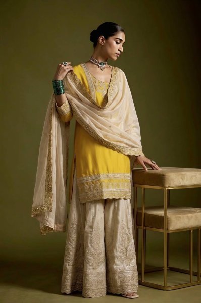 Modern Yellow Chinnon Silk 3 Piece Suit Set with Heavy Embroidery Work For Diwali Festival Ready To Wear Collection