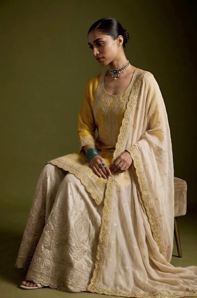 Modern Yellow Chinnon Silk 3 Piece Suit Set with Heavy Embroidery Work For Diwali Festival Ready To Wear Collection