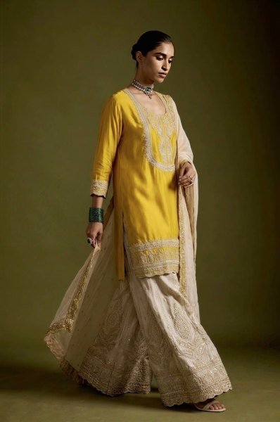 Modern Yellow Chinnon Silk 3 Piece Suit Set with Heavy Embroidery Work For Diwali Festival Ready To Wear Collection