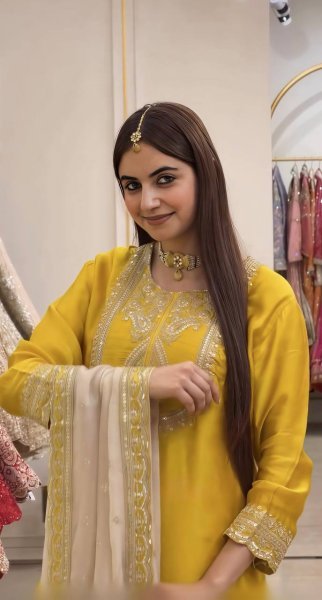 Modern Yellow Chinnon Silk 3 Piece Suit Set with Heavy Embroidery Work For Diwali Festival Ready To Wear Collection