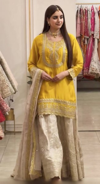 Modern Yellow Chinnon Silk 3 Piece Suit Set with Heavy Embroidery Work For Diwali Festival Ready To Wear Collection