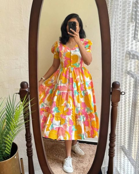 Modern Yellow Comfortable Soft Cotton Printed Long Gown with Full Lining for Casual Wear Western Ladies Top Wholesale