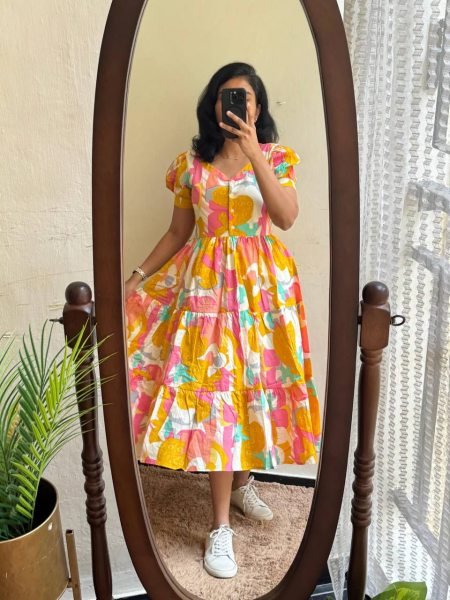 Modern Yellow Comfortable Soft Cotton Printed Long Gown with Full Lining for Casual Wear Western Ladies Top Wholesale