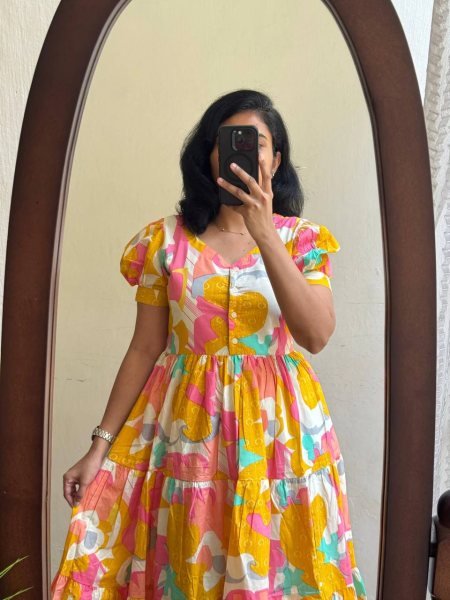 Modern Yellow Comfortable Soft Cotton Printed Long Gown with Full Lining for Casual Wear Western Ladies Top Wholesale