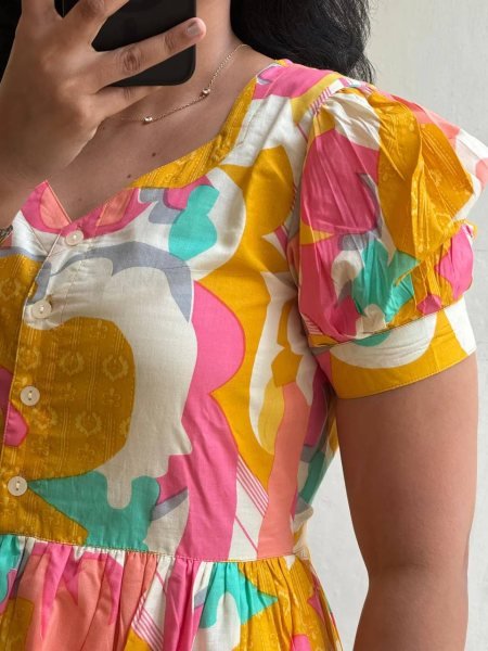 Modern Yellow Comfortable Soft Cotton Printed Long Gown with Full Lining for Casual Wear Western Ladies Top Wholesale