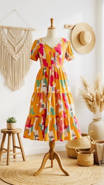 Modern Yellow Comfortable Soft Cotton Printed Long Gown with Full Lining for Casual Wear Western Ladies Top Wholesale