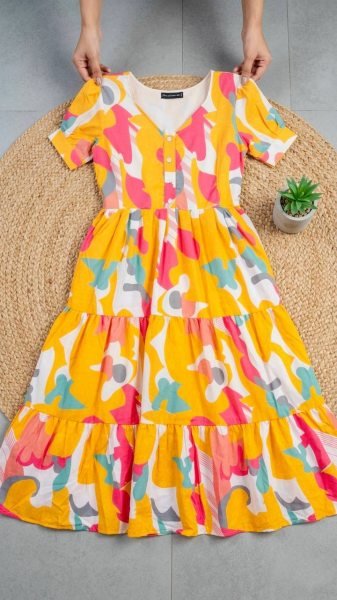 Modern Yellow Comfortable Soft Cotton Printed Long Gown with Full Lining for Casual Wear Western Ladies Top Wholesale