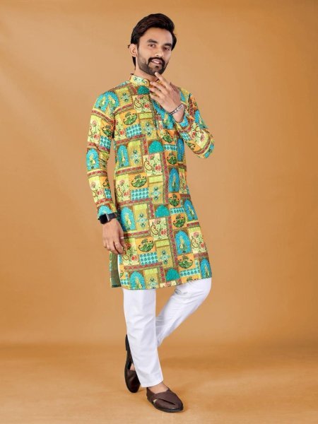 Modern Yellow Designer Men Kurta with Digital Print for Casual Wear Mens Wear