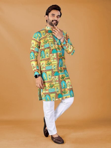 Modern Yellow Designer Men Kurta with Digital Print for Casual Wear Kurta Pajama Wholesale