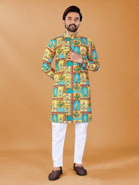 Modern Yellow Designer Men Kurta with Digital Print for Casual Wear Kurta Pajama Wholesale