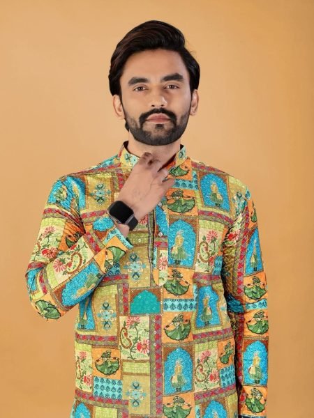 Modern Yellow Designer Men Kurta with Digital Print for Casual Wear Kurta Pajama Wholesale