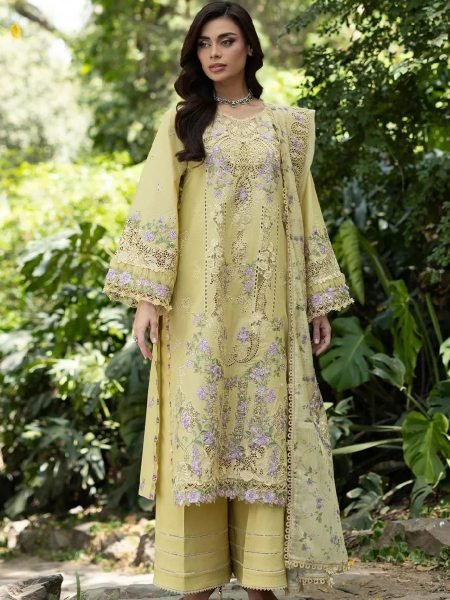 Modern Yellow Stylish Semi Stitched Cotton Suit Set with Printed Embroidered Dupatta 