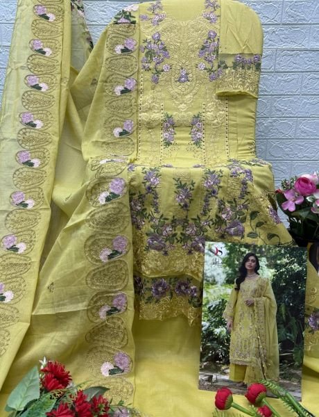 Modern Yellow Stylish Semi Stitched Cotton Suit Set with Printed Embroidered Dupatta Pakistani Suits Wholesale