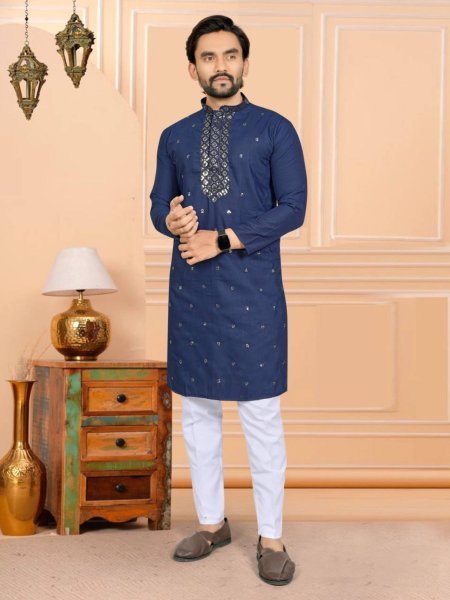 ModernRoyal Blue Men Rayon Kurta Pyjama with Chikankari Work 