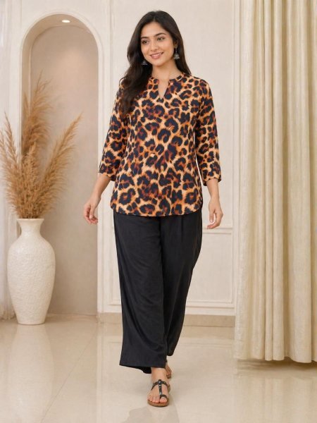 Modish Animal Design Fashionable Rayon Co Ord Set for Office Wear Tunics kurti