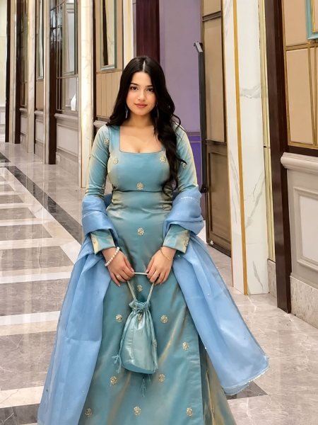 Modish Aqua Blue Fandy Silk Palazzo Suit with Sequence Embroidery Ready To Wear Suit