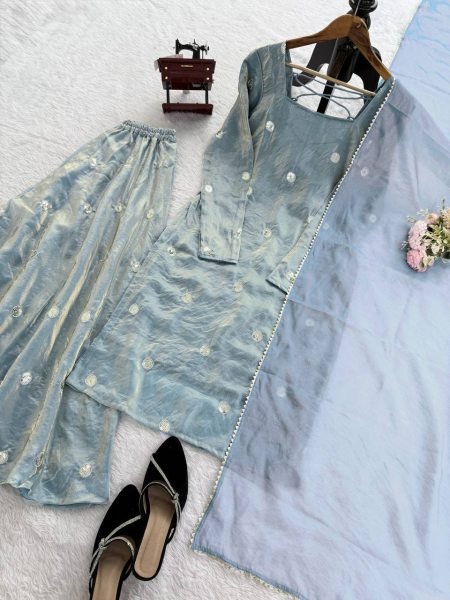 Modish Aqua Blue Fandy Silk Palazzo Suit with Sequence Embroidery Ready To Wear Collection