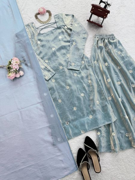 Modish Aqua Blue Fandy Silk Palazzo Suit with Sequence Embroidery Ready To Wear Collection