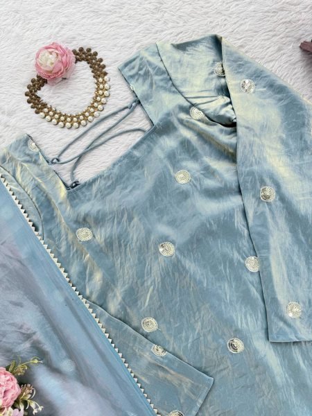 Modish Aqua Blue Fandy Silk Palazzo Suit with Sequence Embroidery Ready To Wear Collection