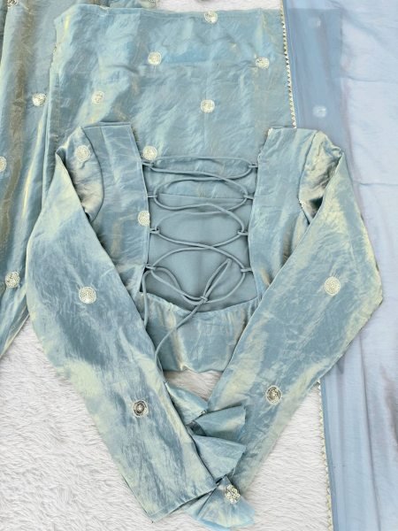 Modish Aqua Blue Fandy Silk Palazzo Suit with Sequence Embroidery Ready To Wear Collection