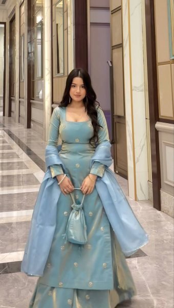 Modish Aqua Blue Fandy Silk Palazzo Suit with Sequence Embroidery Ready To Wear Collection