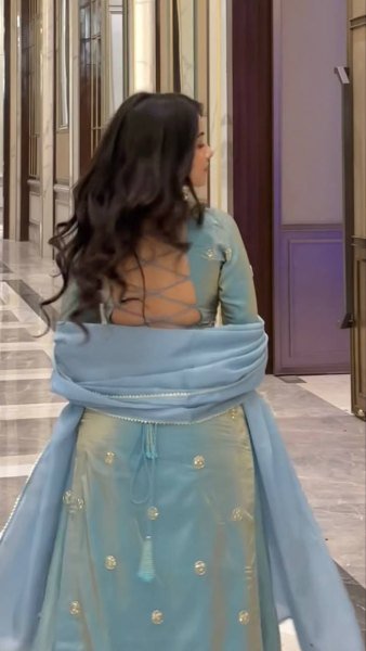 Modish Aqua Blue Fandy Silk Palazzo Suit with Sequence Embroidery Ready To Wear Collection