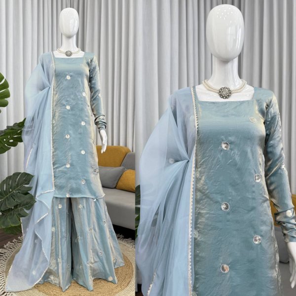 Modish Aqua Blue Fandy Silk Palazzo Suit with Sequence Embroidery Ready To Wear Collection