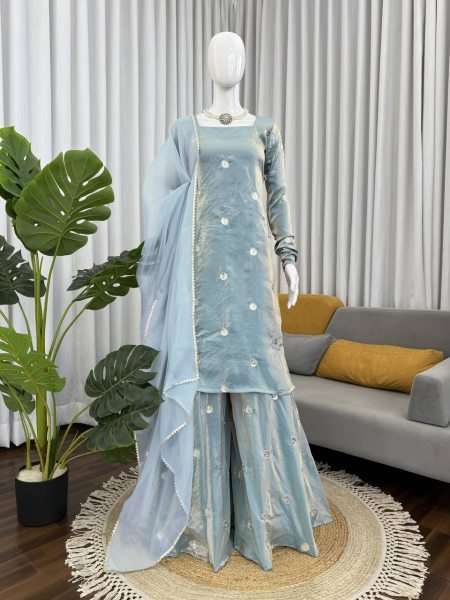Modish Aqua Blue Fandy Silk Palazzo Suit with Sequence Embroidery Ready To Wear Collection