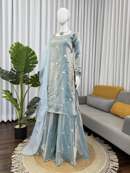 Modish Aqua Blue Fandy Silk Palazzo Suit with Sequence Embroidery Ready To Wear Collection