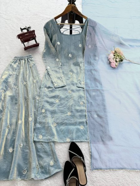Modish Aqua Blue Fandy Silk Palazzo Suit with Sequence Embroidery Ready To Wear Collection