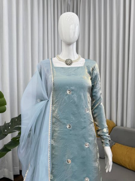 Modish Aqua Blue Fandy Silk Palazzo Suit with Sequence Embroidery Ready To Wear Collection