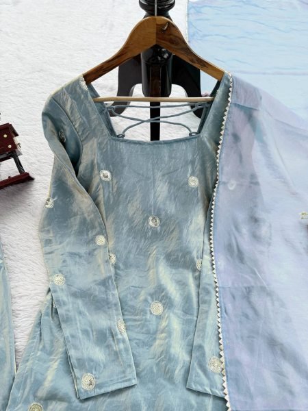 Modish Aqua Blue Fandy Silk Palazzo Suit with Sequence Embroidery Ready To Wear Collection