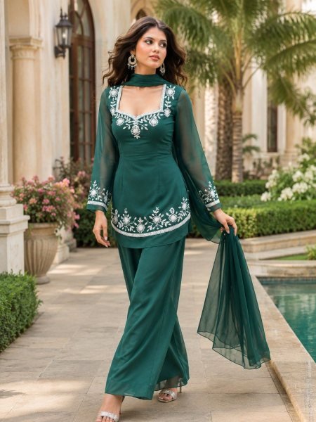 Modish Aqua Green Georgette Short Kurti Palazzo Set with Embroidery Work To Affordable Kurti Set Kurtis