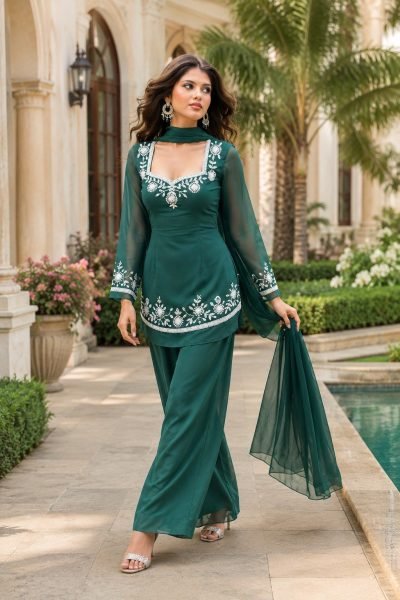 Modish Aqua Green Georgette Short Kurti Palazzo Set with Embroidery Work To Affordable Kurti Set Georgette Kurti 